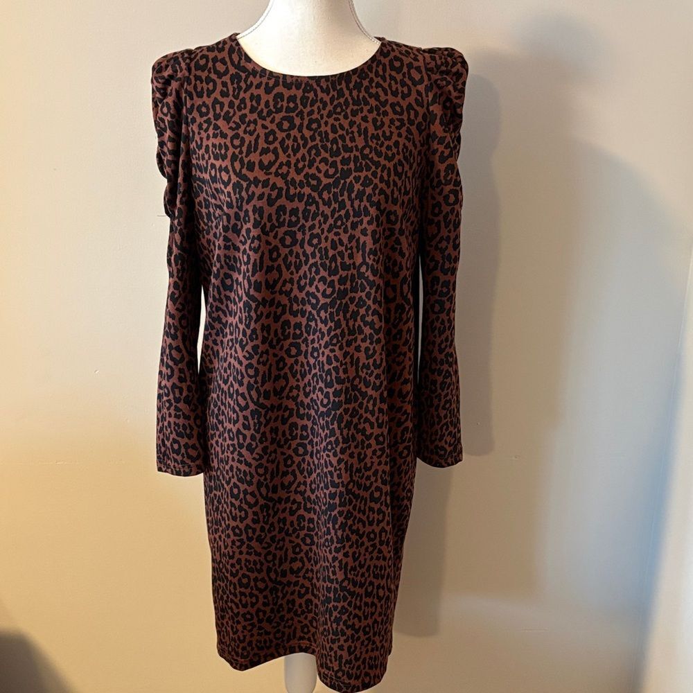 NWT Loft Leopard Print Long Puff Sleeve Dress. Size Medium